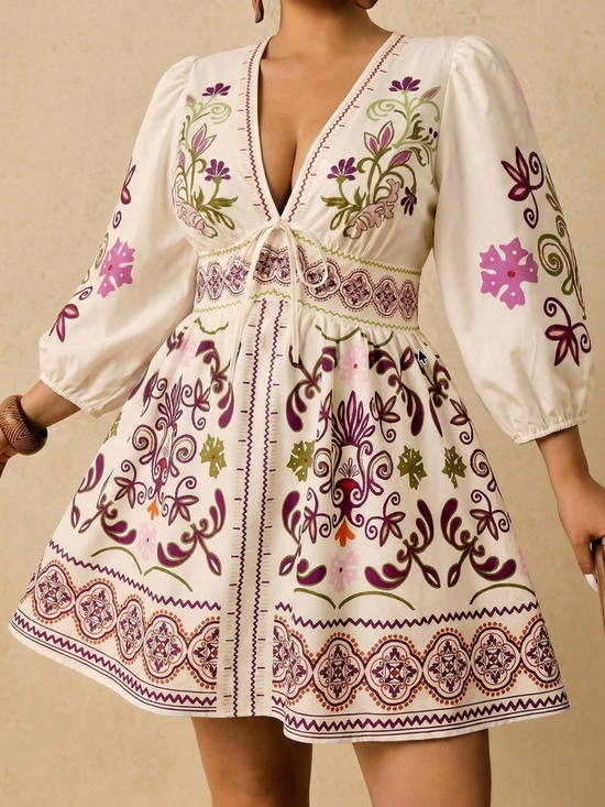 Dresses & Skirts - Plus Floral Print V neck Long Sleeve Flowy Dress